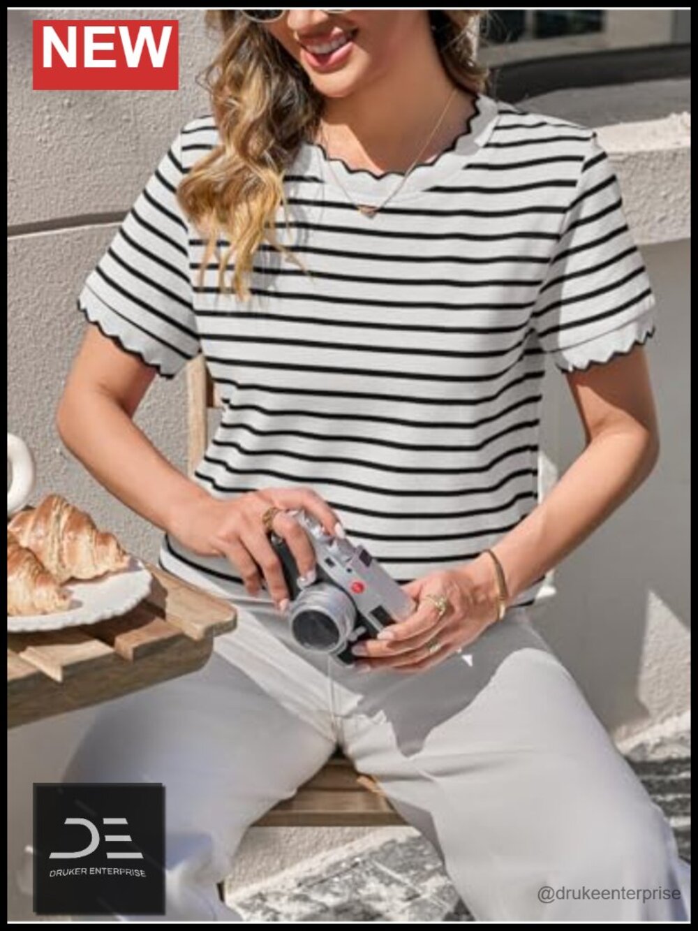 Striped Scalloped Trim Crew Neck Loose Fit Cotton Tee - Picture 2 of 6
